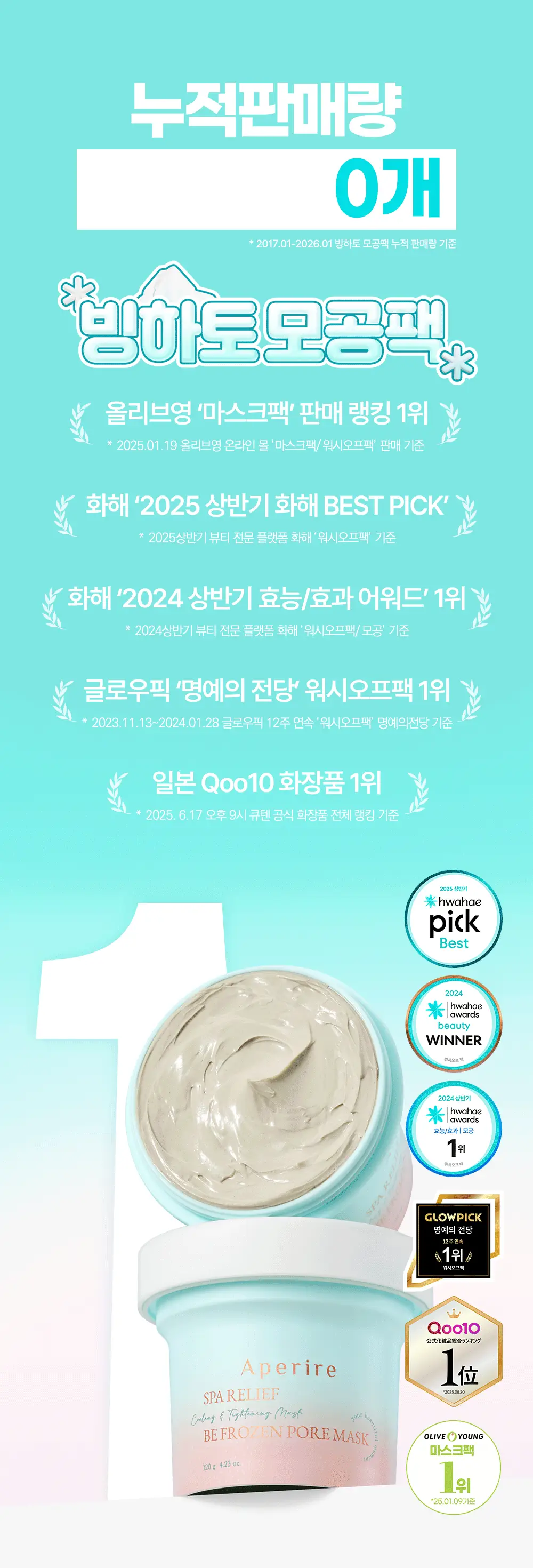 [-8.8도 즉각쿨링] 아페리레 스파 릴리프 비 프로즌 빙하토 포어 마스크120g 상세페이지 3